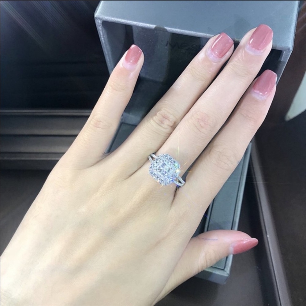 NEW925 Sterling Silver Diamond Halo Square Ring